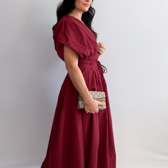 Women's Burgundy Tie-Waist Midi Dress with Pockets - Picture 4 of 9